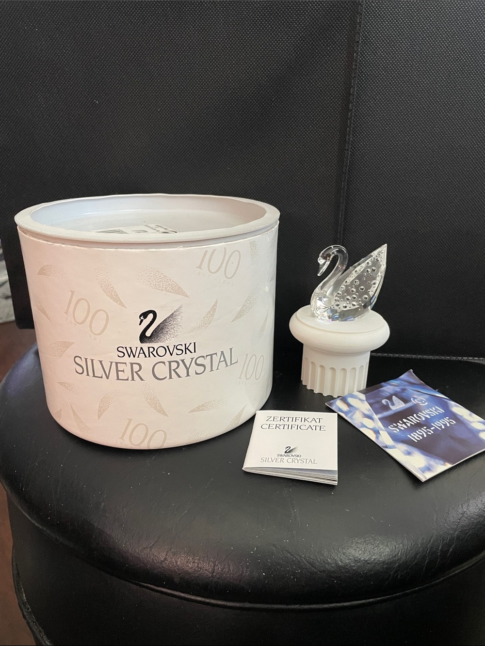 Swarovski Clear Crystal Swan Figurine with White Pedestal 100th Anniversary Ed